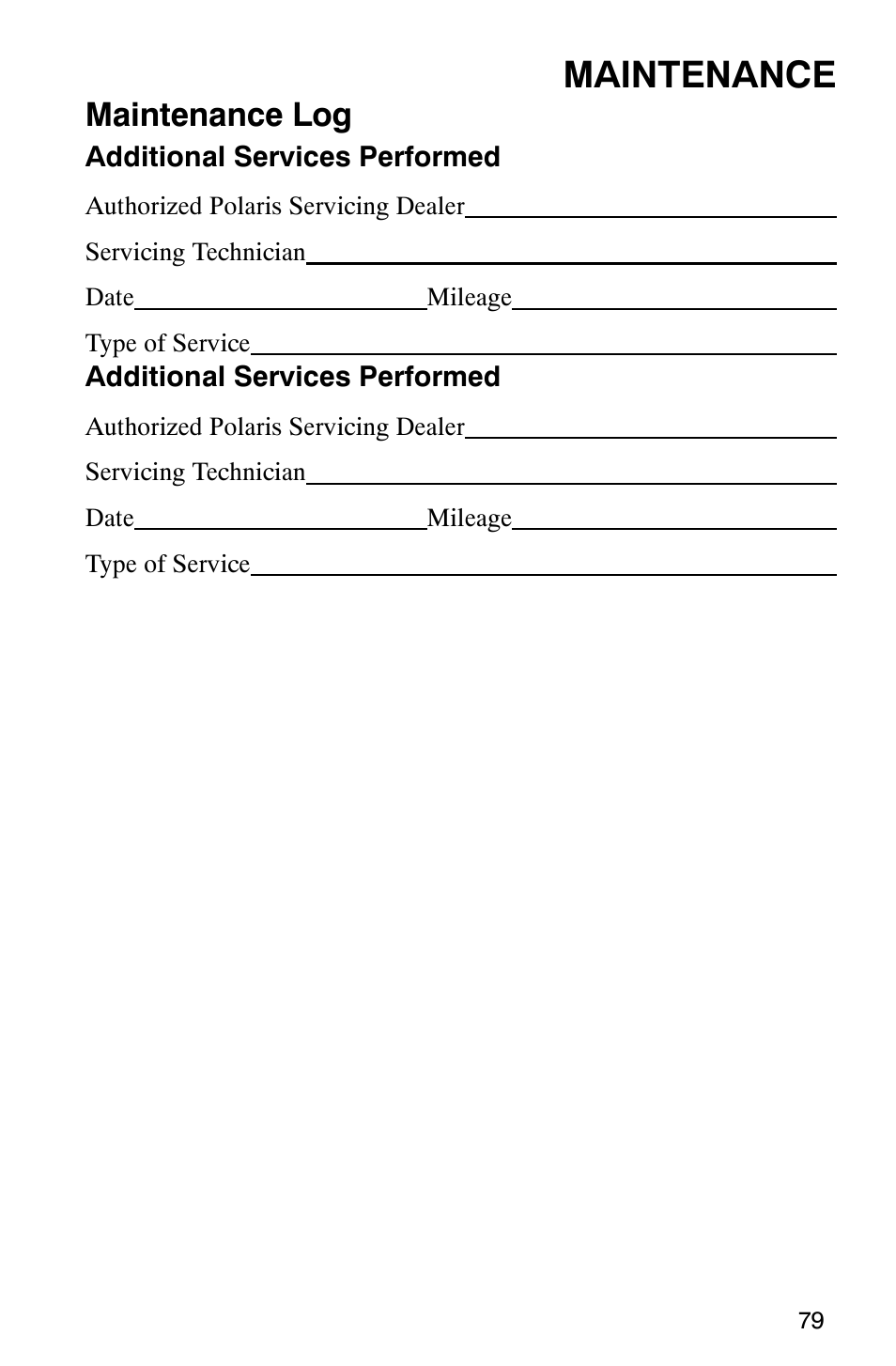 Maintenance, Maintenance log | Polaris 2003 Frontier User Manual | Page 81 / 140