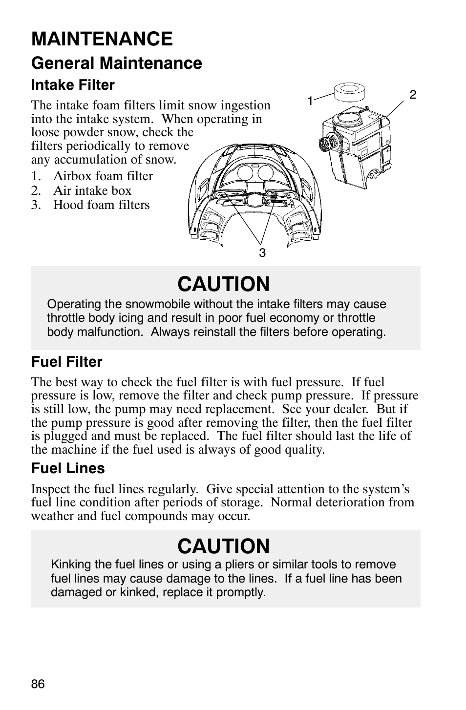 Caution, Maintenance, General maintenance | Polaris 2003 Frontier User Manual | Page 88 / 140