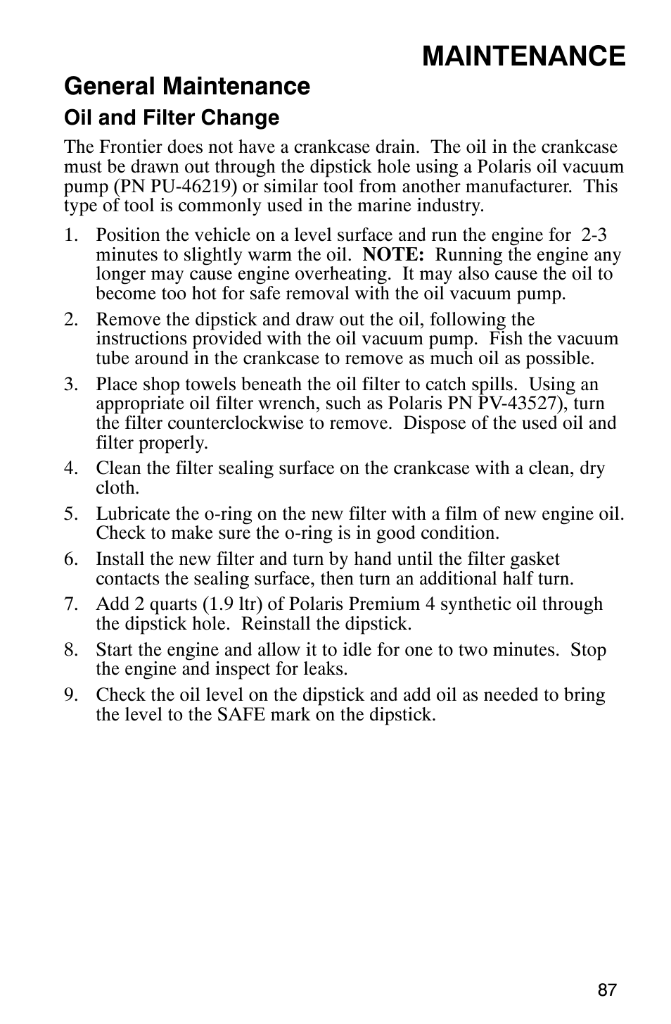 Maintenance, General maintenance | Polaris 2003 Frontier User Manual | Page 89 / 140
