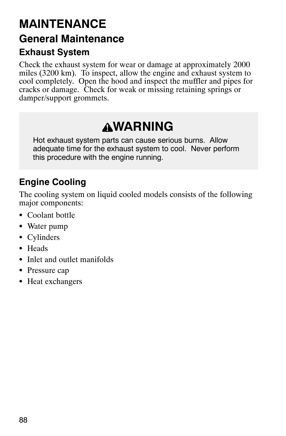 Warning, Maintenance, General maintenance | Polaris 2003 Frontier User Manual | Page 90 / 140