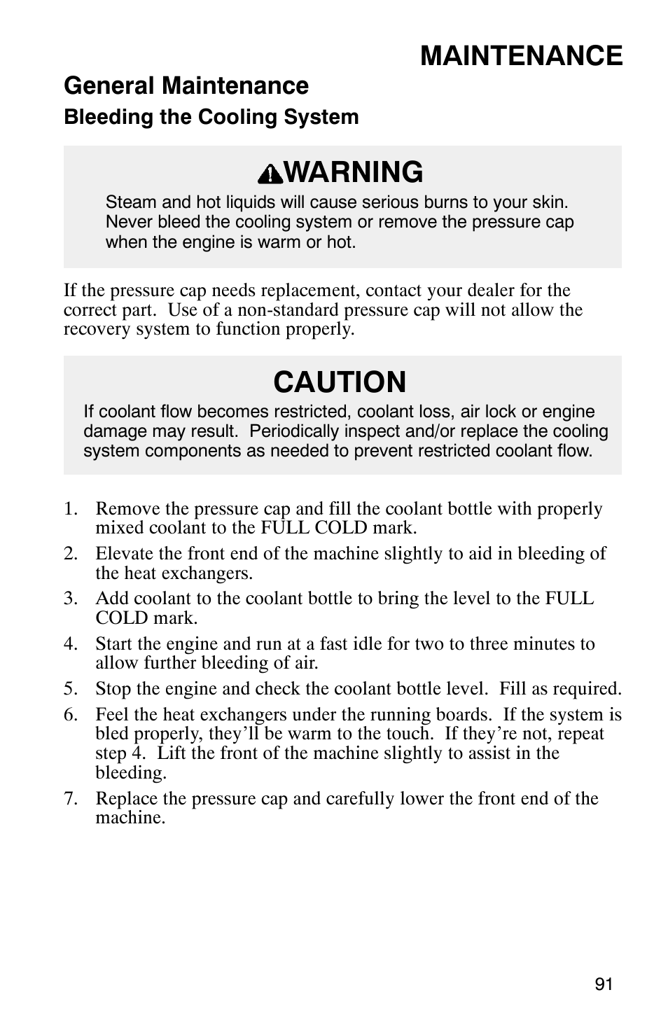 Warning, Caution, Maintenance | General maintenance | Polaris 2003 Frontier User Manual | Page 93 / 140