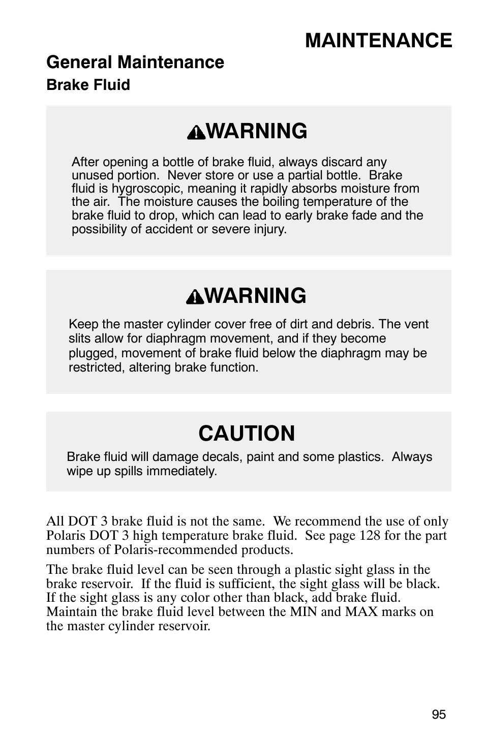 Warning, Caution, Maintenance | General maintenance | Polaris 2003 Frontier User Manual | Page 97 / 140
