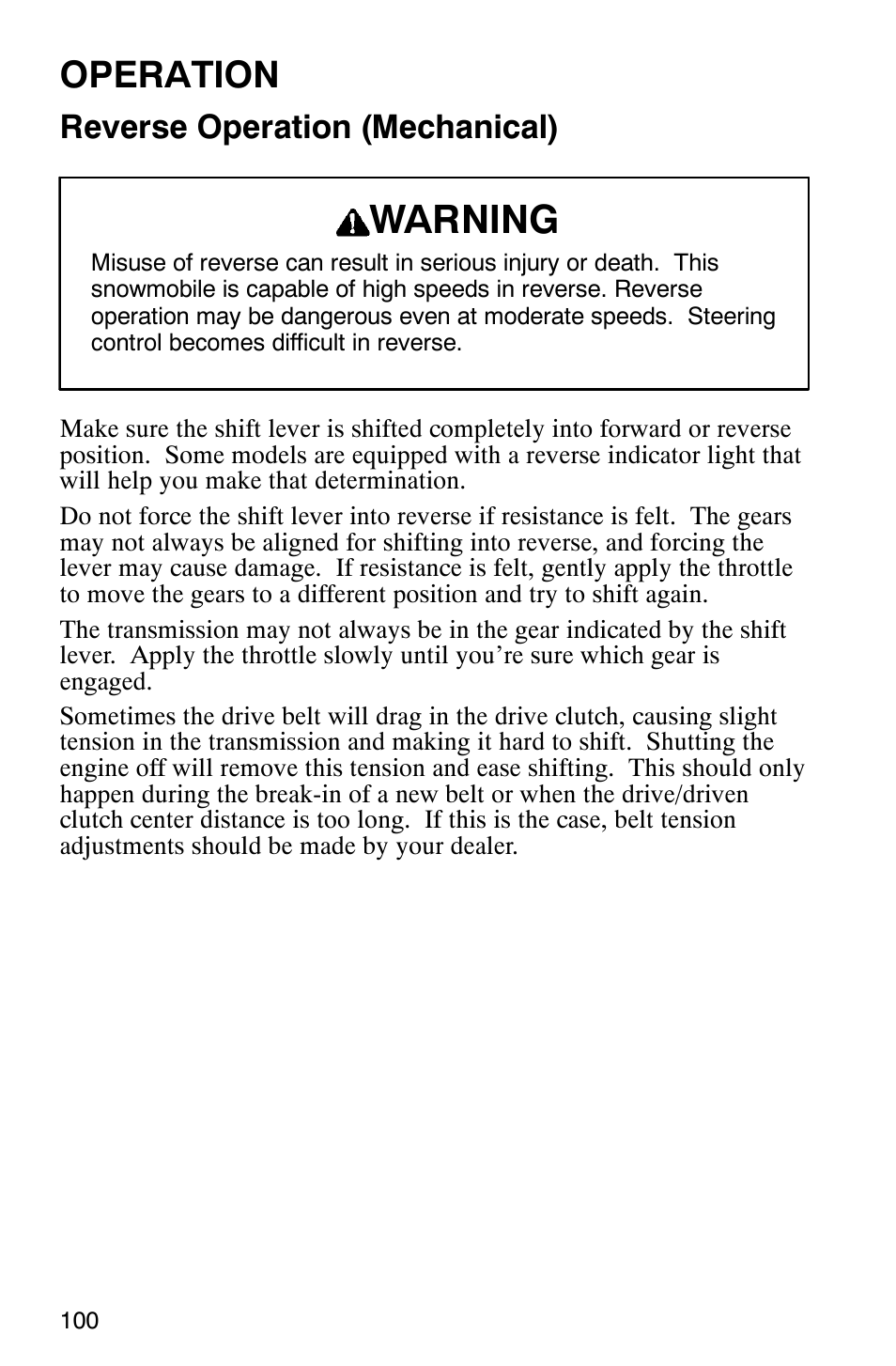 Warning, Operation, Reverse operation (mechanical) | Polaris 2003 Universal Snowmobiles User Manual | Page 102 / 189