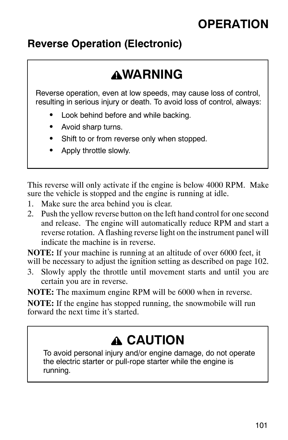 Warning, Caution, Operation | Reverse operation (electronic) | Polaris 2003 Universal Snowmobiles User Manual | Page 103 / 189