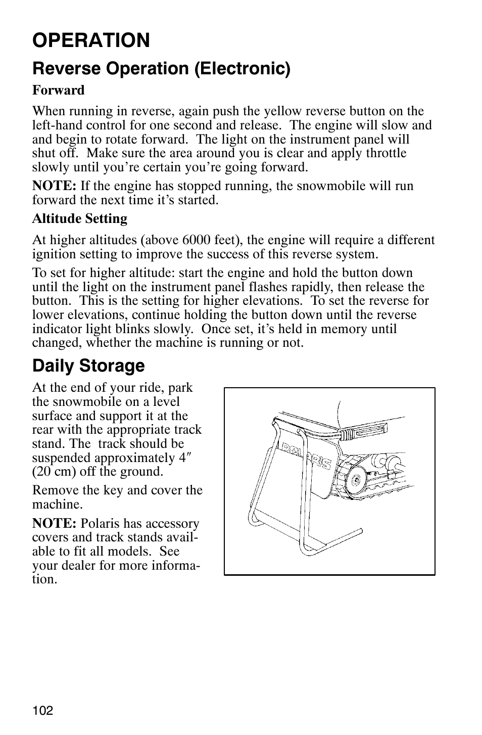 Operation, Reverse operation (electronic), Daily storage | Polaris 2003 Universal Snowmobiles User Manual | Page 104 / 189