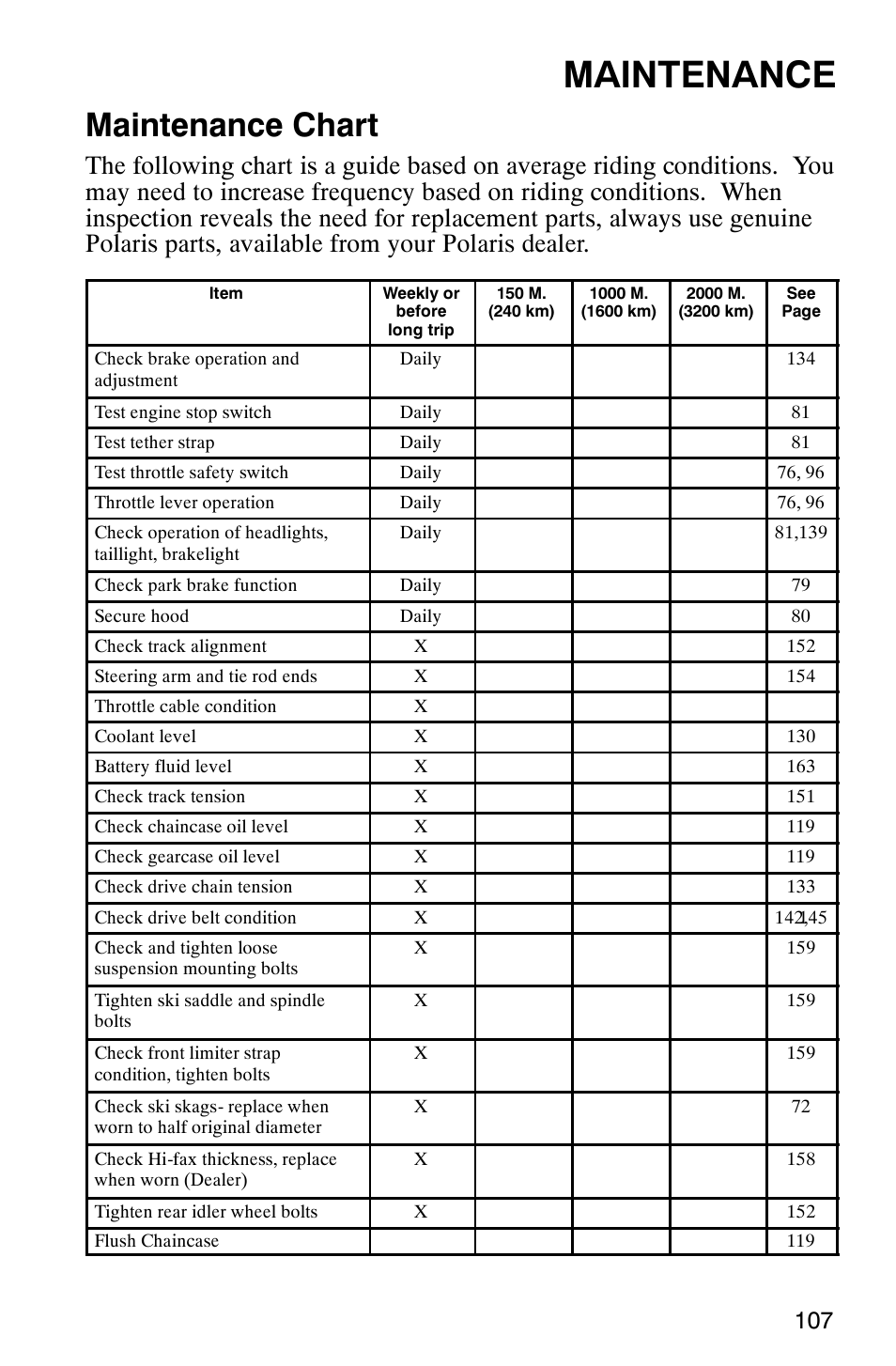 Maintenance, Maintenance chart | Polaris 2003 Universal Snowmobiles User Manual | Page 109 / 189