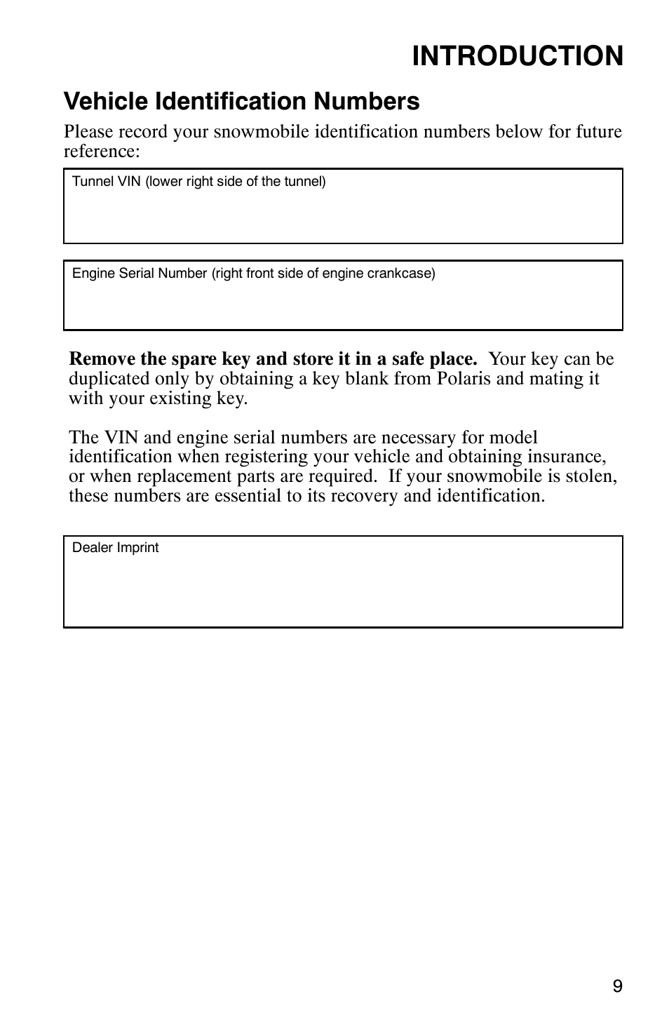 Introduction, Vehicle identification numbers | Polaris 2003 Universal Snowmobiles User Manual | Page 11 / 189