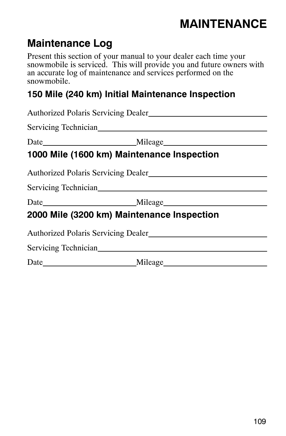 Maintenance, Maintenance log | Polaris 2003 Universal Snowmobiles User Manual | Page 111 / 189