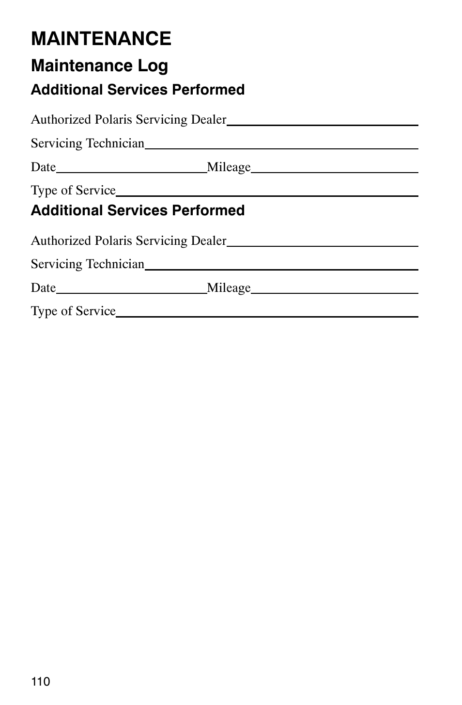 Maintenance, Maintenance log | Polaris 2003 Universal Snowmobiles User Manual | Page 112 / 189