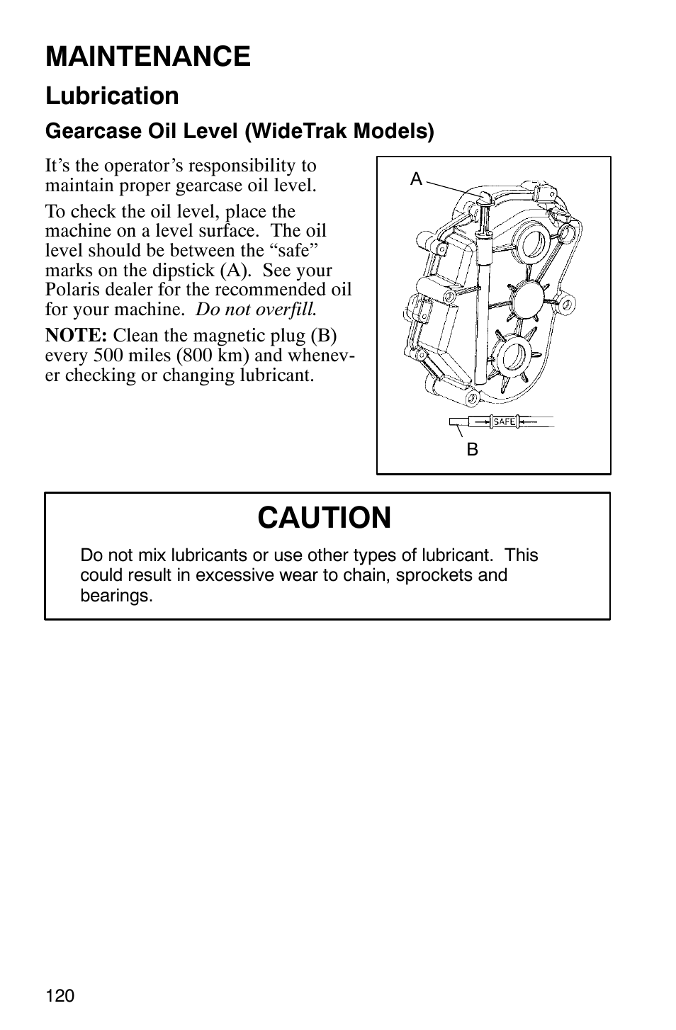 Caution, Maintenance, Lubrication | Polaris 2003 Universal Snowmobiles User Manual | Page 122 / 189