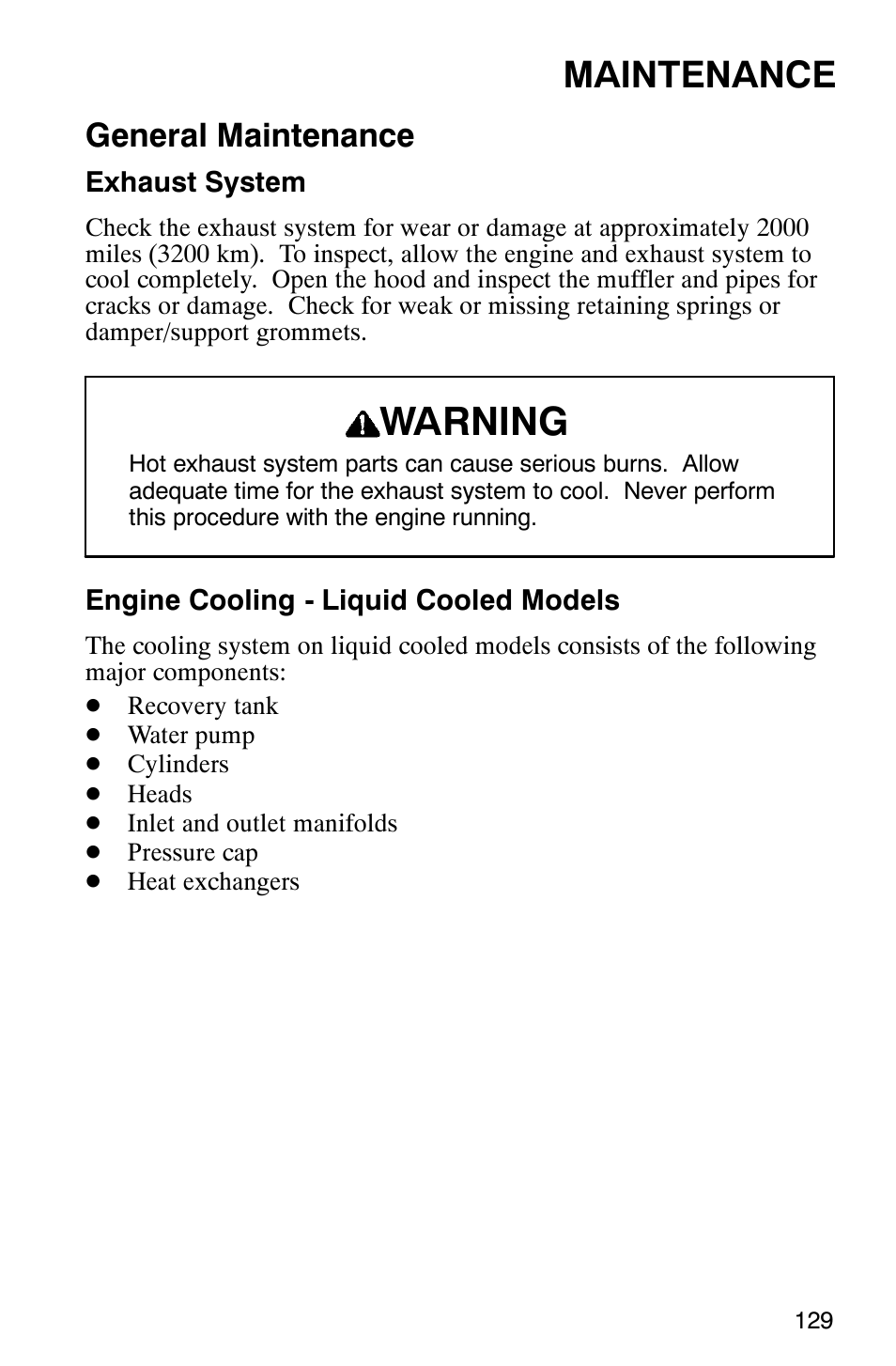 Warning, Maintenance, General maintenance | Polaris 2003 Universal Snowmobiles User Manual | Page 131 / 189