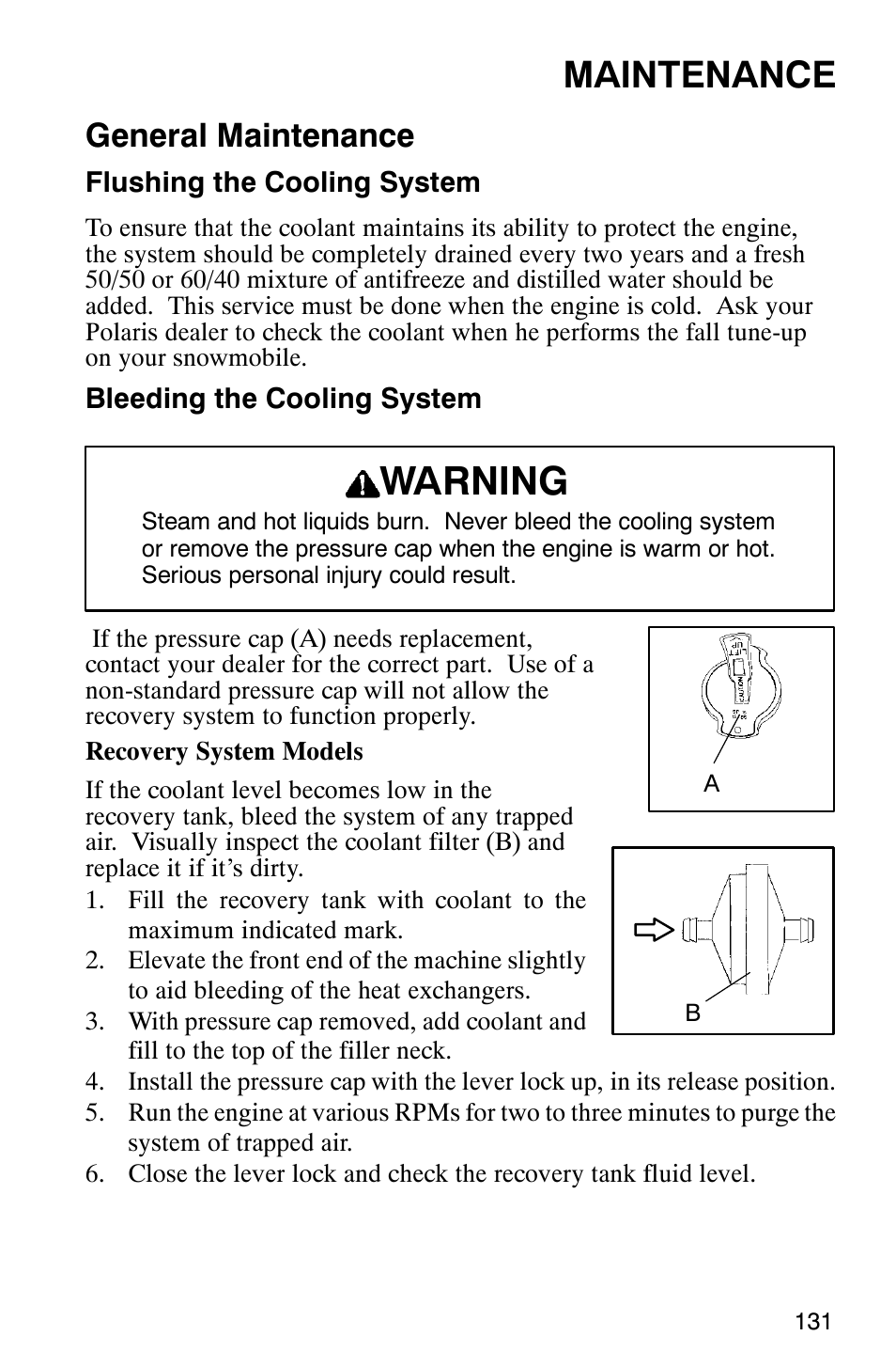 Warning, Maintenance, General maintenance | Polaris 2003 Universal Snowmobiles User Manual | Page 133 / 189