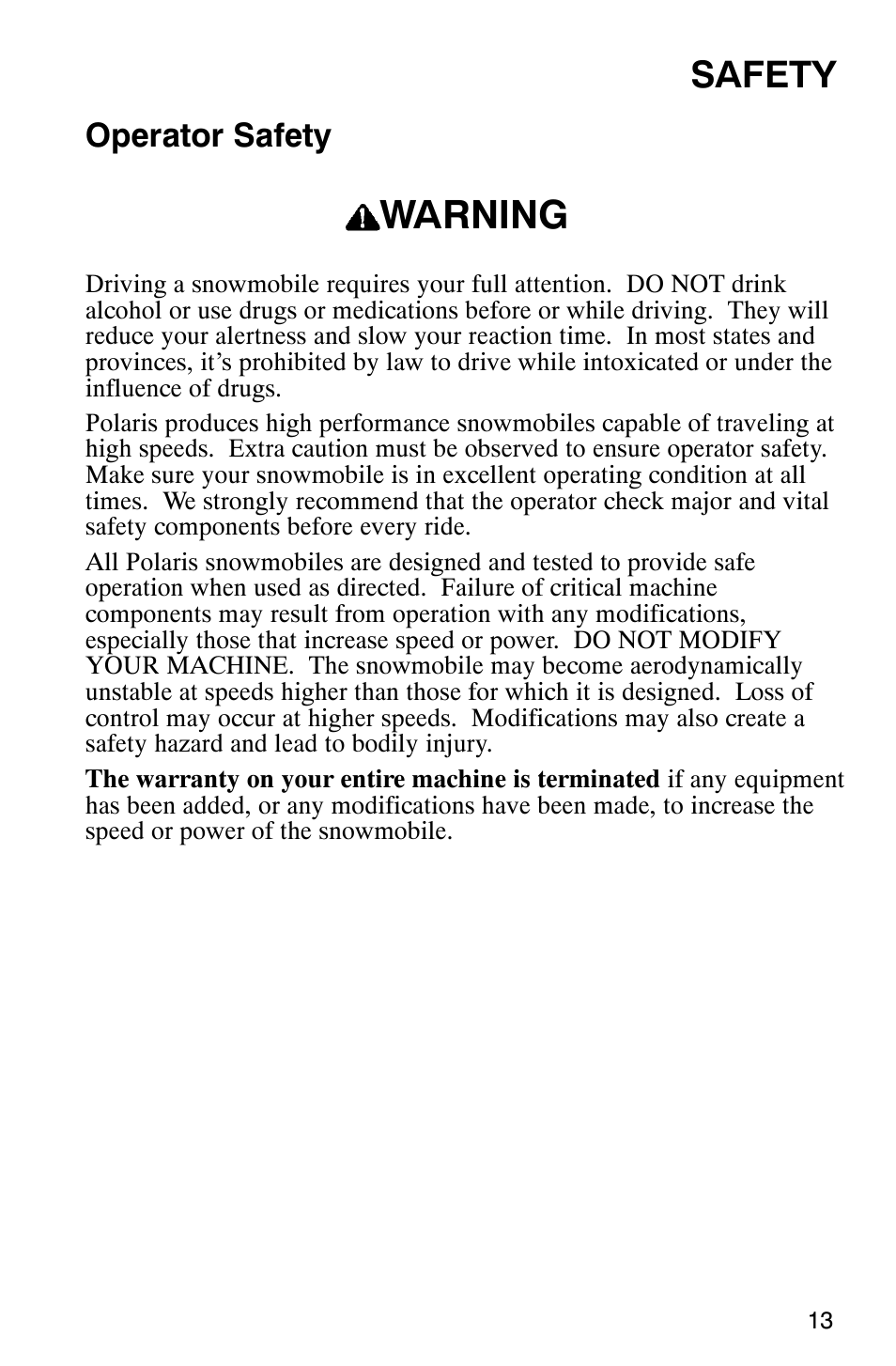 Warning, Safety, Operator safety | Polaris 2003 Universal Snowmobiles User Manual | Page 15 / 189