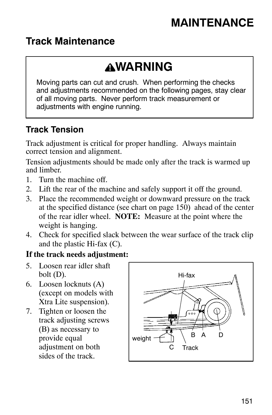 Warning, Maintenance, Track maintenance | Polaris 2003 Universal Snowmobiles User Manual | Page 153 / 189