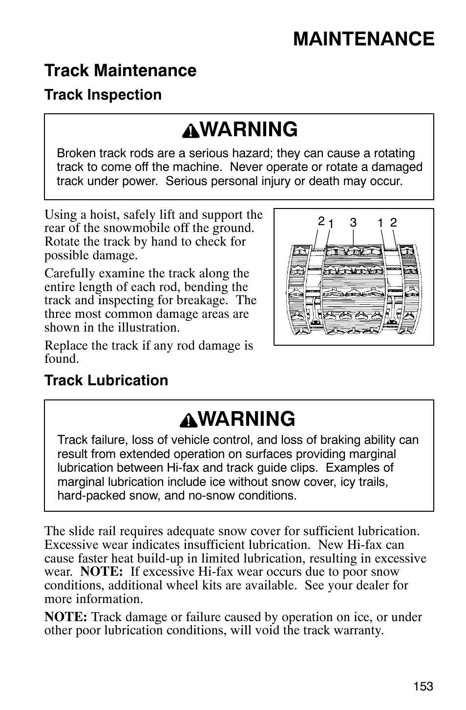 Warning, Maintenance, Track maintenance | Polaris 2003 Universal Snowmobiles User Manual | Page 155 / 189