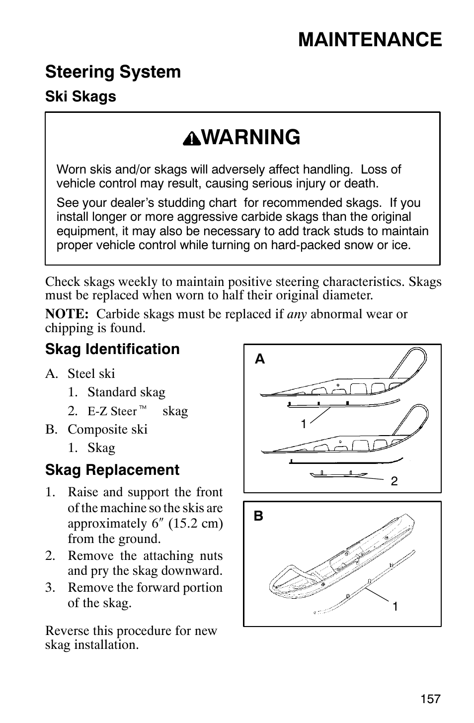 Warning, Maintenance, Steering system | Polaris 2003 Universal Snowmobiles User Manual | Page 159 / 189