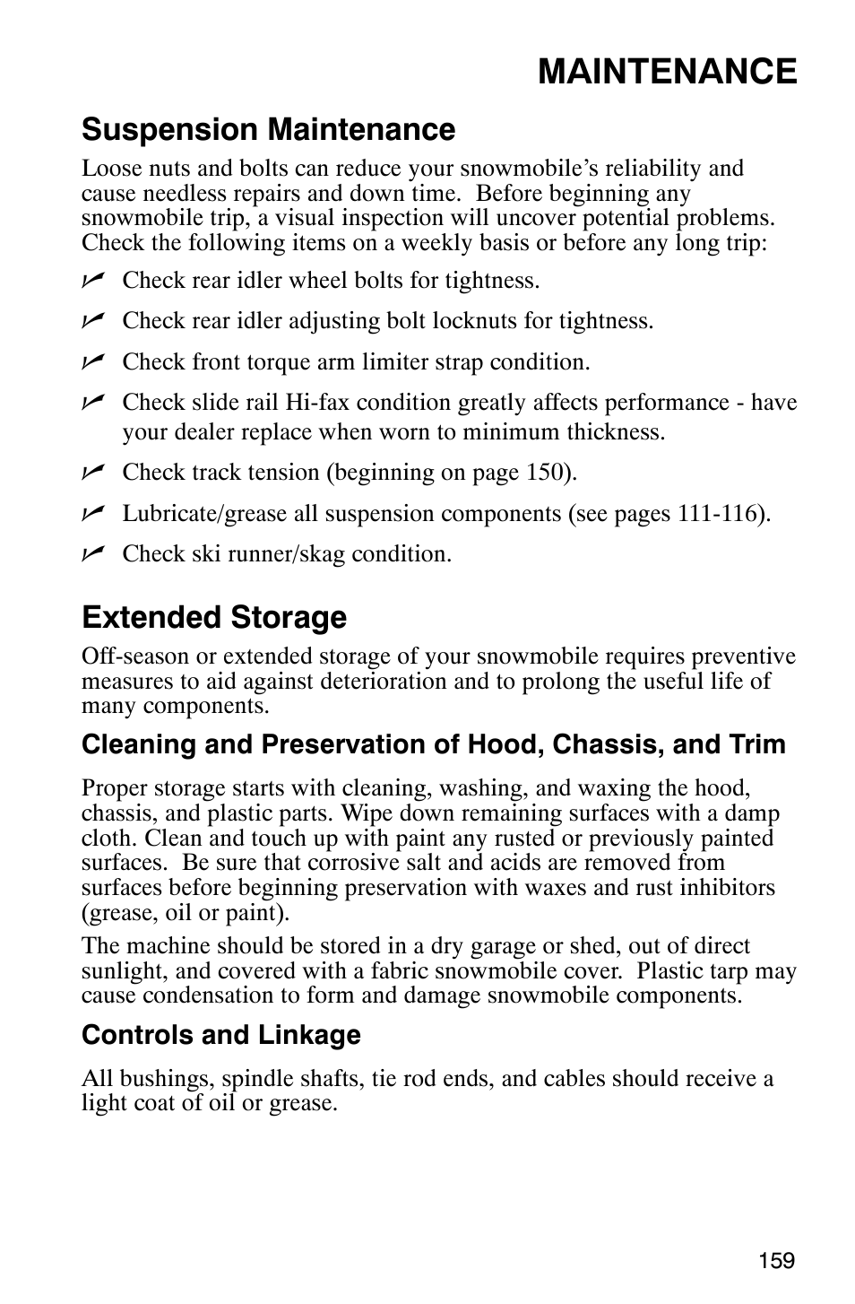 Maintenance, Suspension maintenance, Extended storage | Polaris 2003 Universal Snowmobiles User Manual | Page 161 / 189