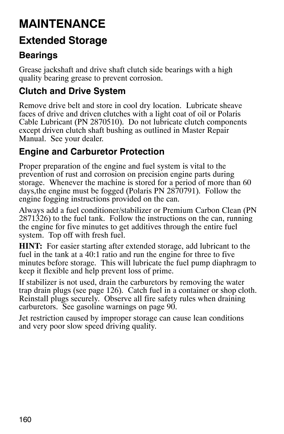 Maintenance, Extended storage | Polaris 2003 Universal Snowmobiles User Manual | Page 162 / 189