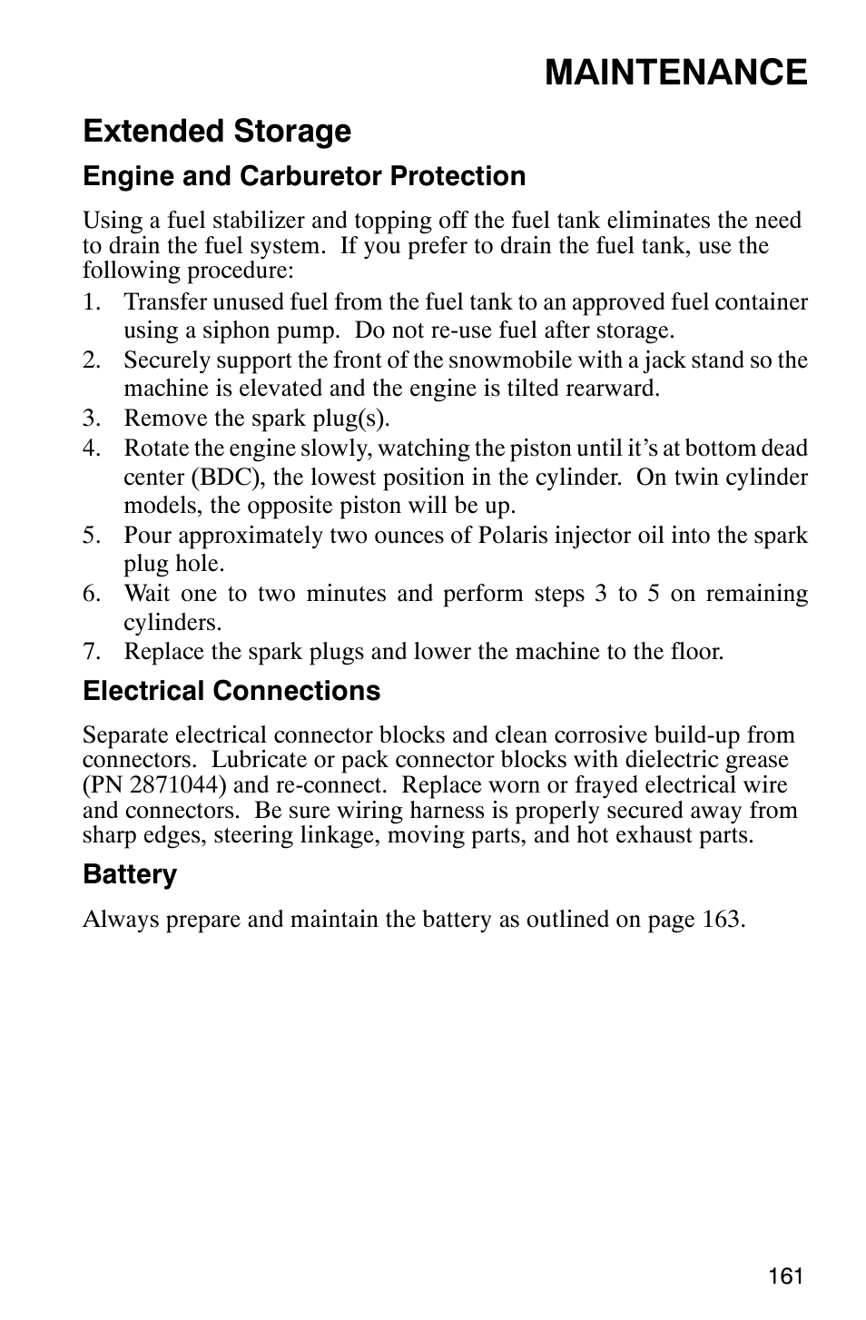 Maintenance, Extended storage | Polaris 2003 Universal Snowmobiles User Manual | Page 163 / 189