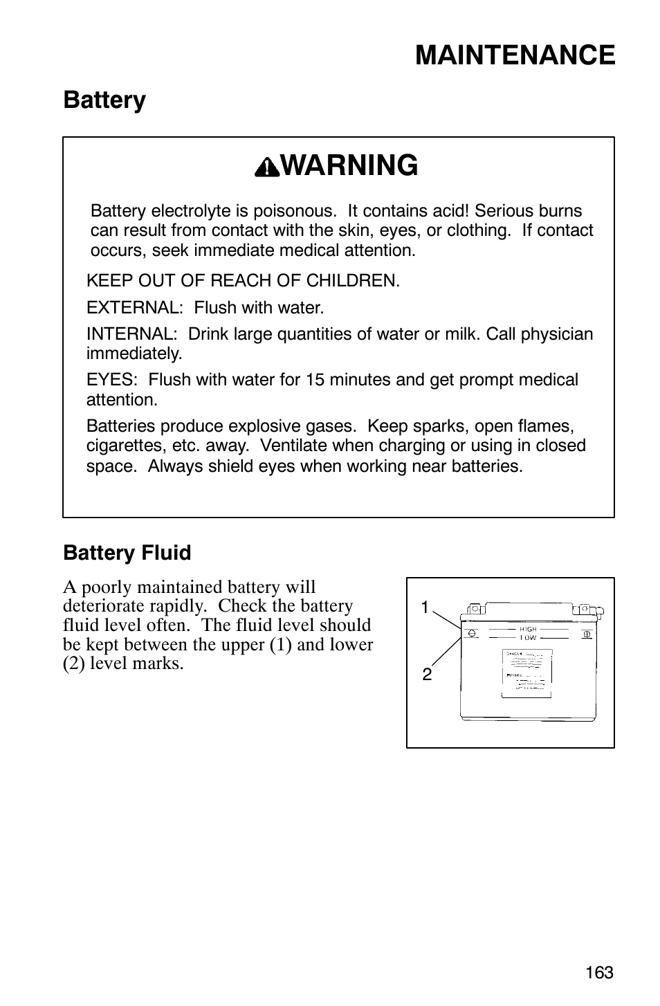 Warning, Maintenance, Battery | Polaris 2003 Universal Snowmobiles User Manual | Page 165 / 189