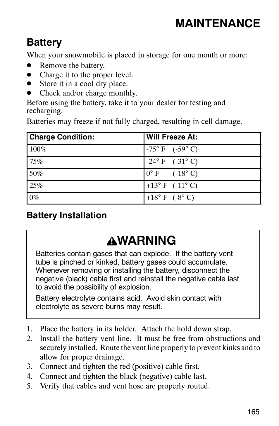 Warning, Maintenance, Battery | Polaris 2003 Universal Snowmobiles User Manual | Page 167 / 189