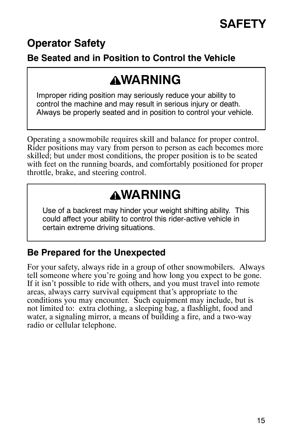 Warning, Safety, Operator safety | Polaris 2003 Universal Snowmobiles User Manual | Page 17 / 189