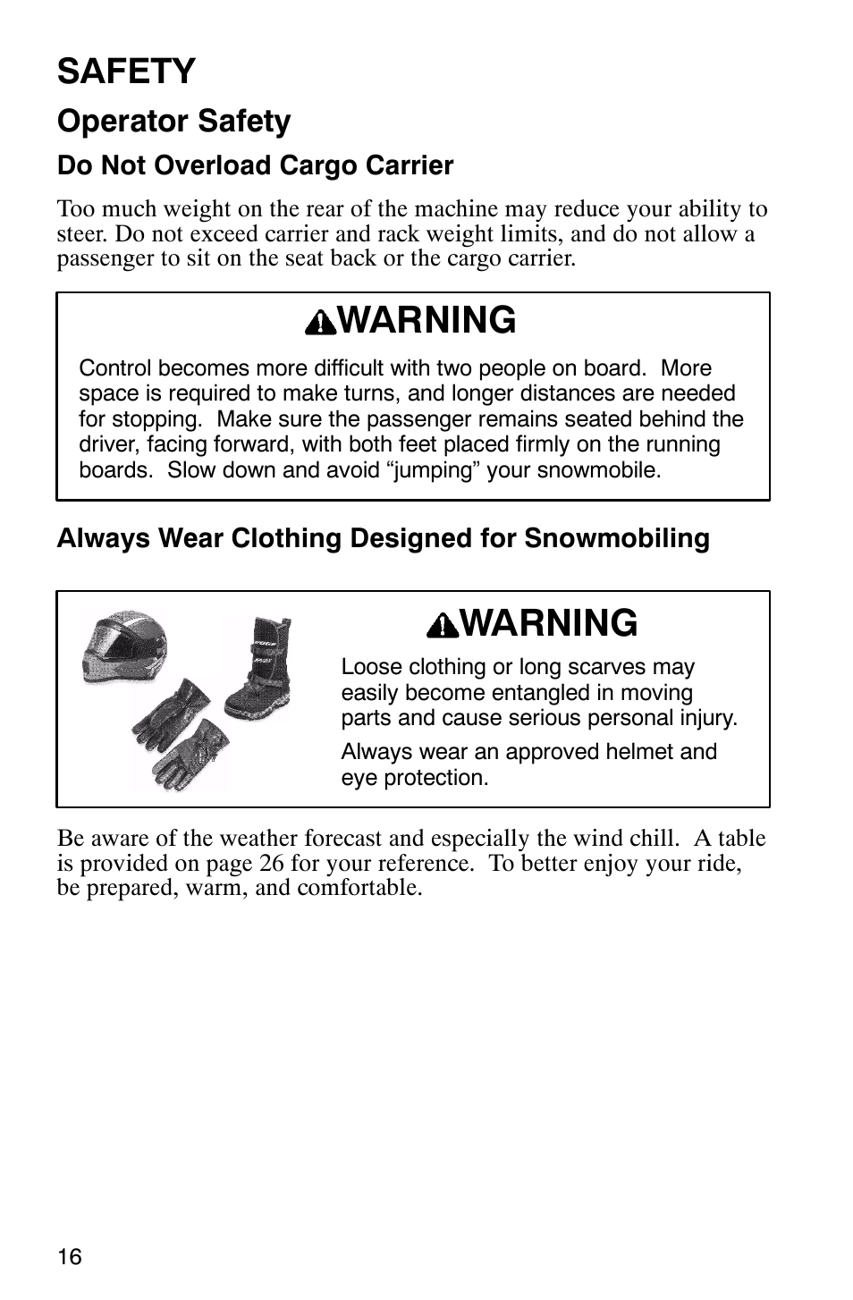 Warning, Safety, Operator safety | Polaris 2003 Universal Snowmobiles User Manual | Page 18 / 189