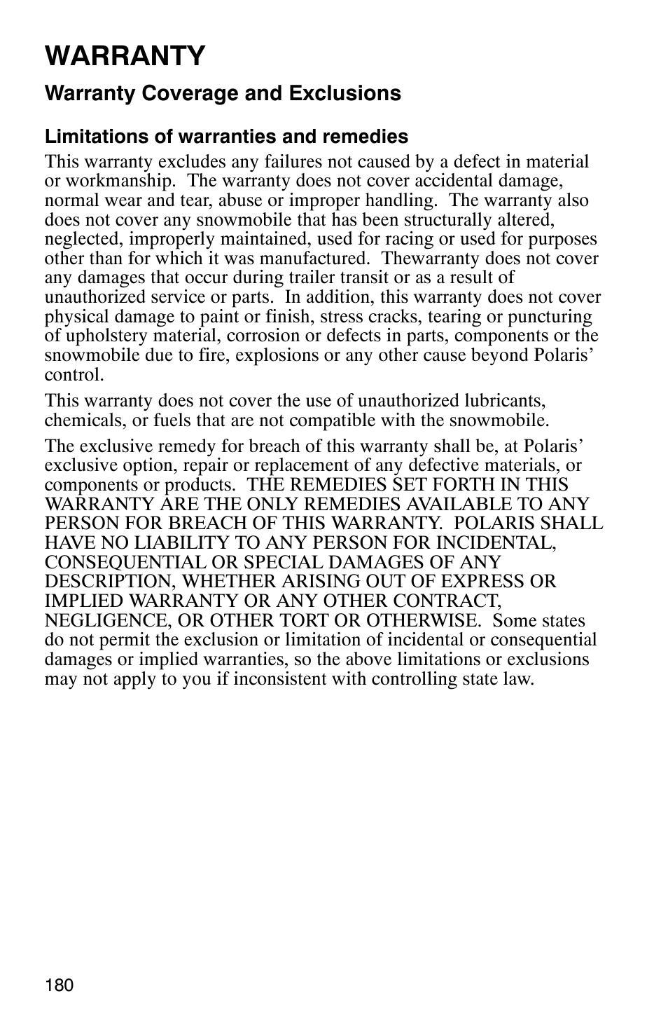 Warranty | Polaris 2003 Universal Snowmobiles User Manual | Page 182 / 189