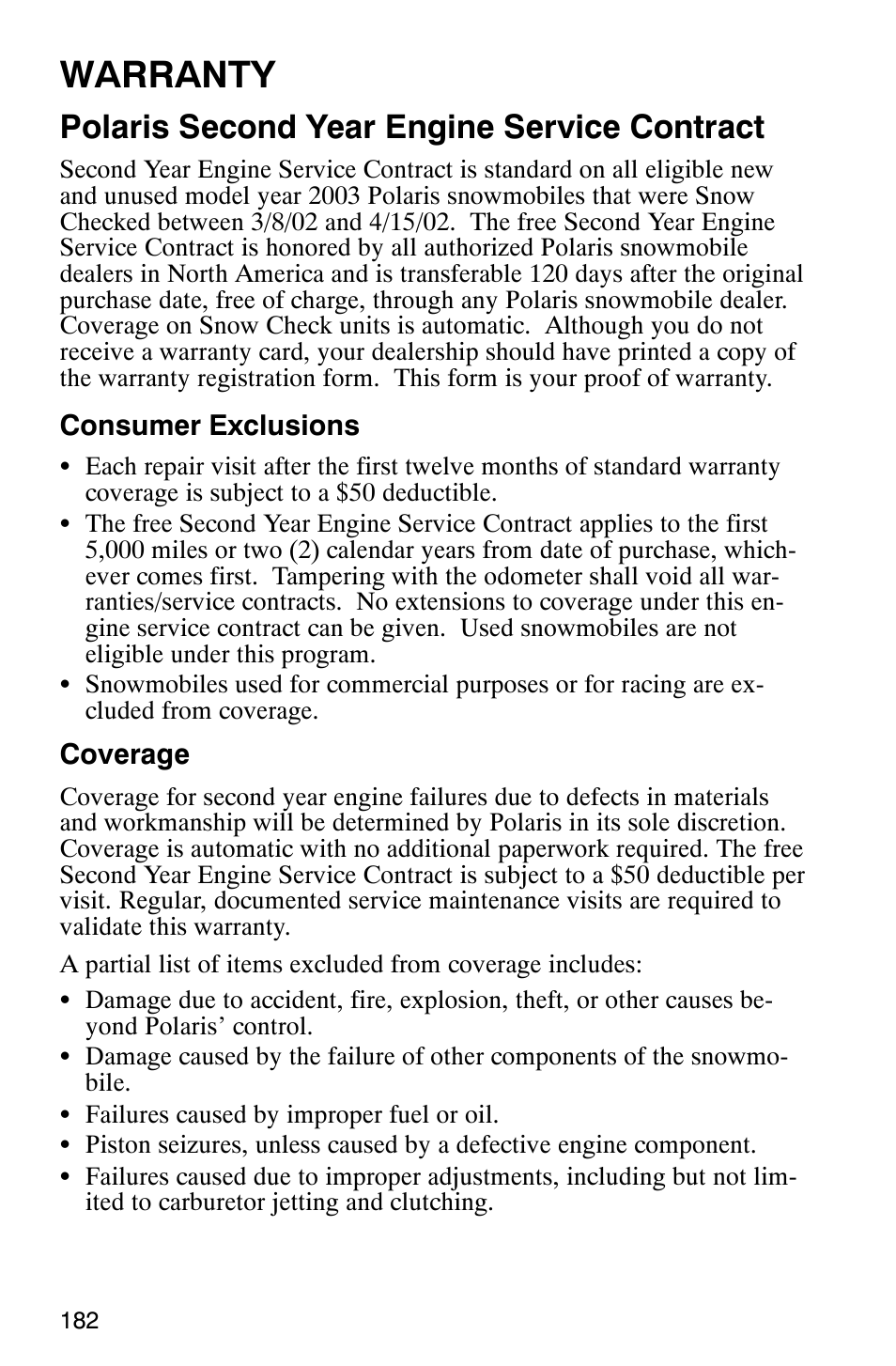 Warranty, Polaris second year engine service contract | Polaris 2003 Universal Snowmobiles User Manual | Page 184 / 189