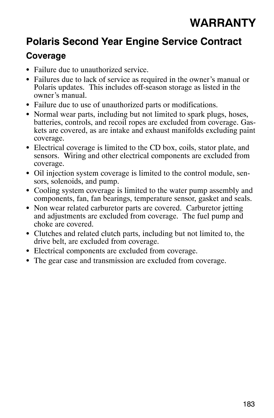 Warranty, Polaris second year engine service contract | Polaris 2003 Universal Snowmobiles User Manual | Page 185 / 189