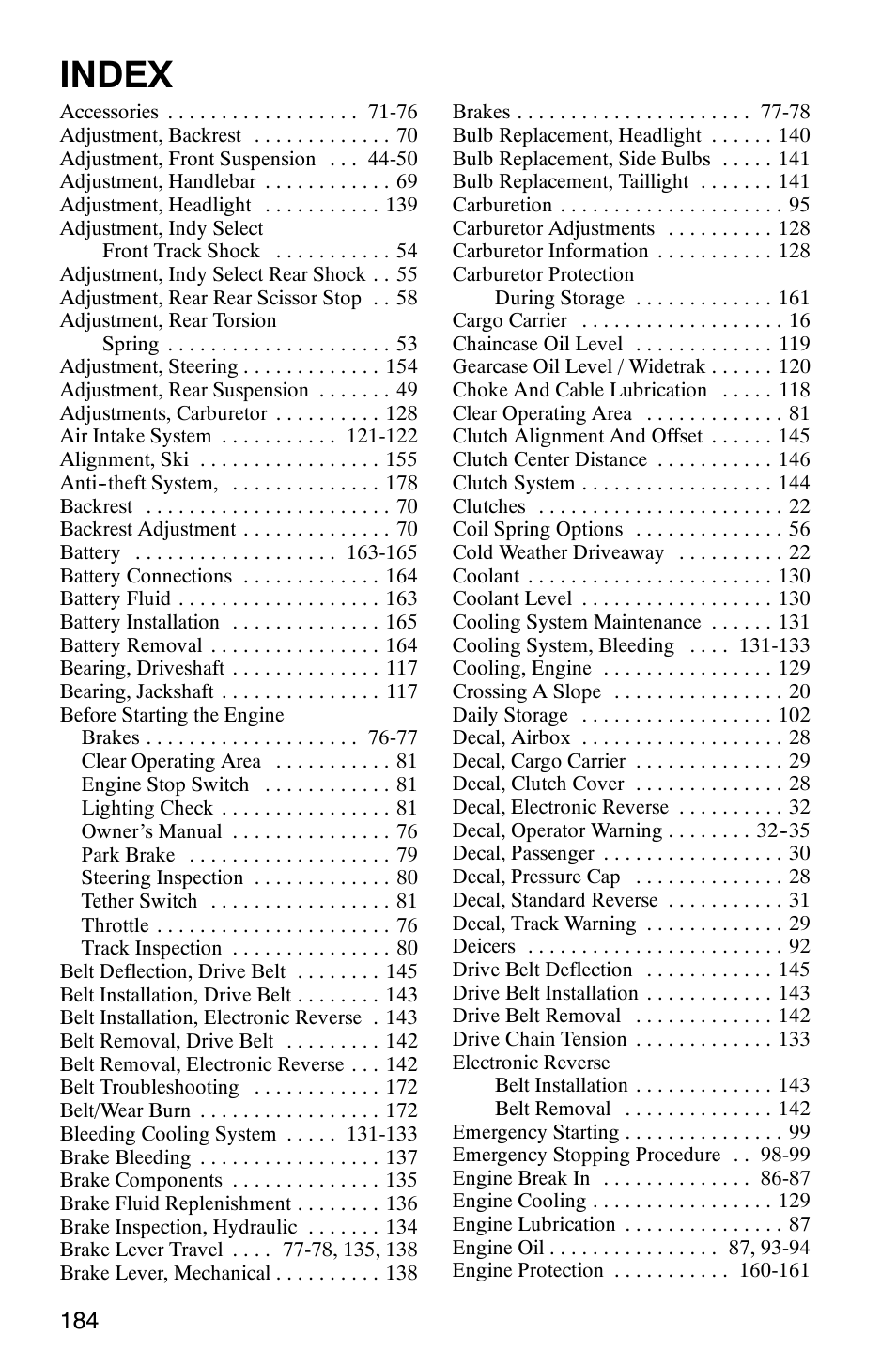 Index | Polaris 2003 Universal Snowmobiles User Manual | Page 186 / 189