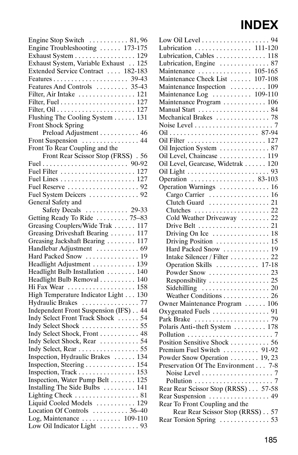 Index | Polaris 2003 Universal Snowmobiles User Manual | Page 187 / 189