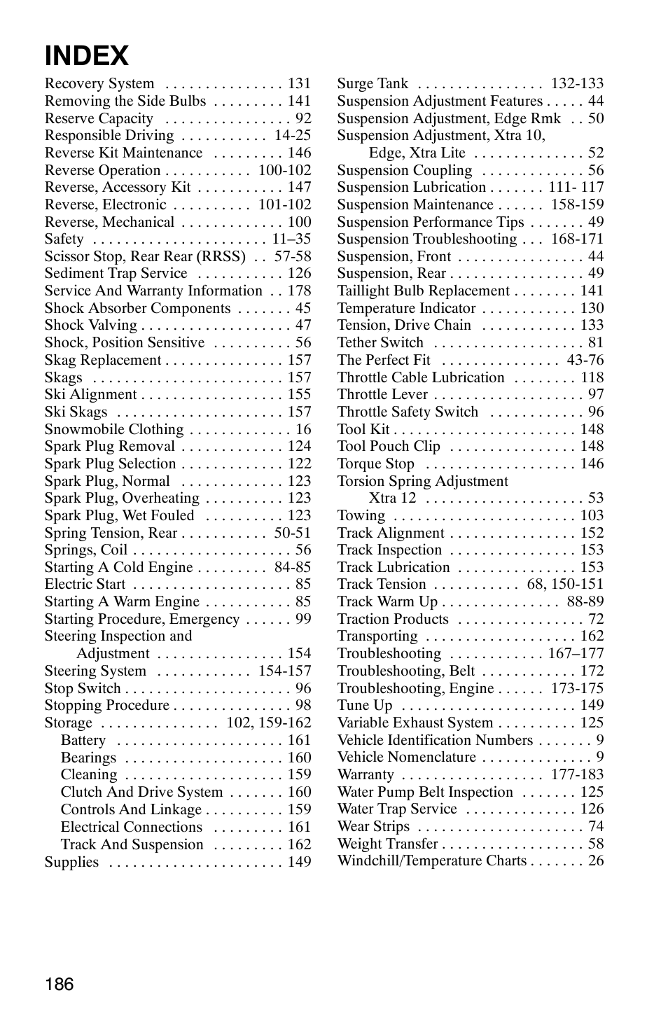 Index | Polaris 2003 Universal Snowmobiles User Manual | Page 188 / 189