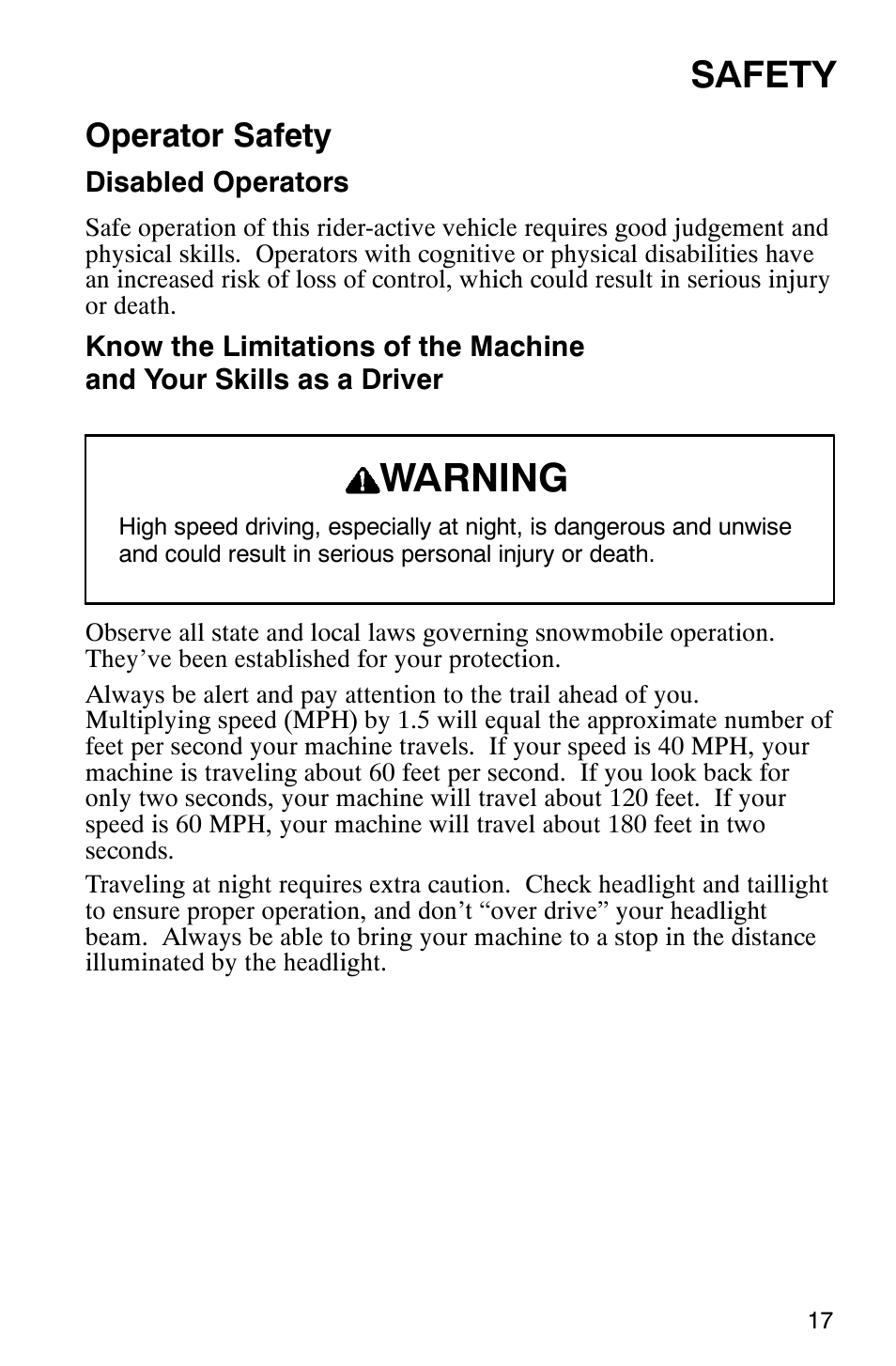 Warning, Safety, Operator safety | Polaris 2003 Universal Snowmobiles User Manual | Page 19 / 189