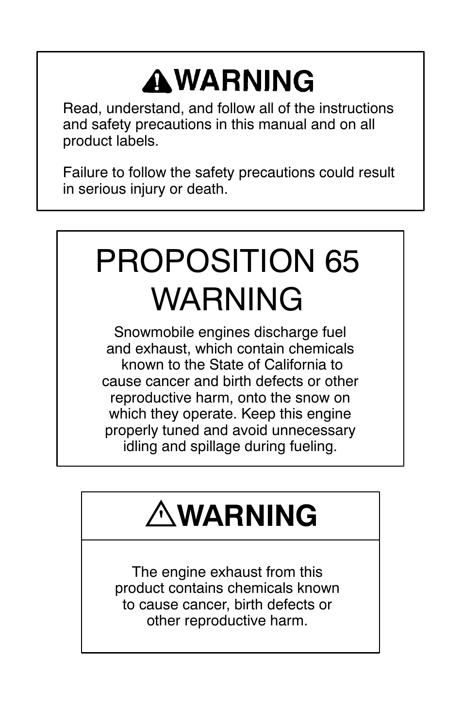 Proposition 65 warning, Warning | Polaris 2003 Universal Snowmobiles User Manual | Page 2 / 189