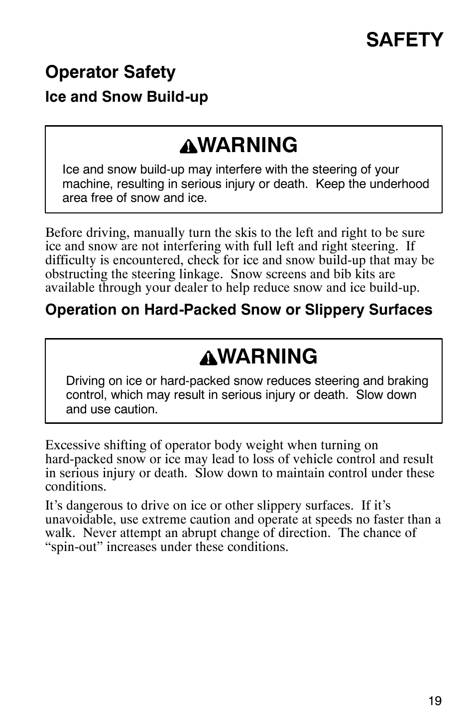 Warning, Safety, Operator safety | Polaris 2003 Universal Snowmobiles User Manual | Page 21 / 189