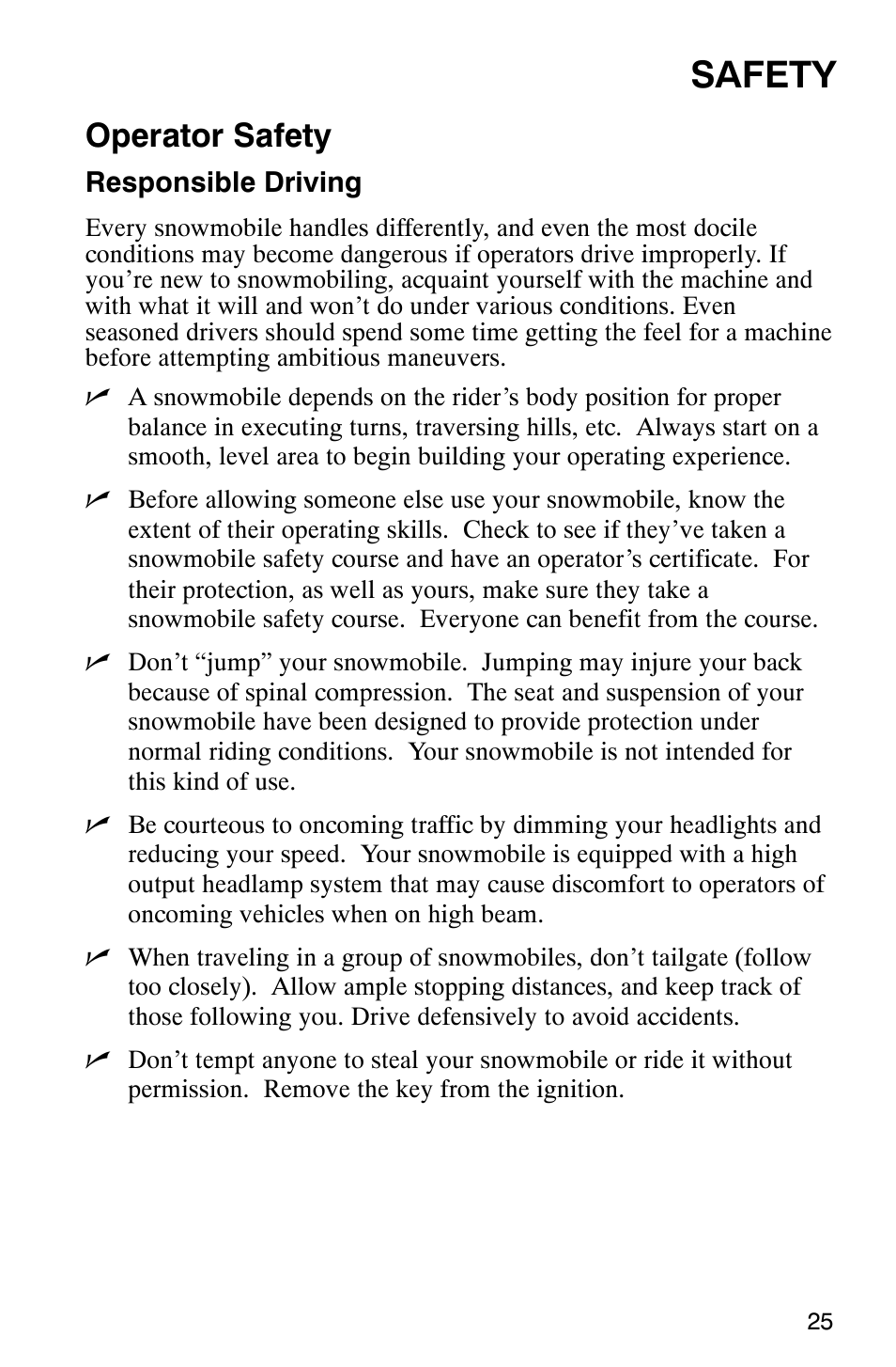 Safety, Operator safety | Polaris 2003 Universal Snowmobiles User Manual | Page 27 / 189