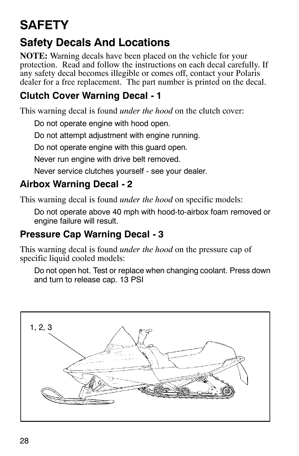 Safety, Safety decals and locations | Polaris 2003 Universal Snowmobiles User Manual | Page 30 / 189