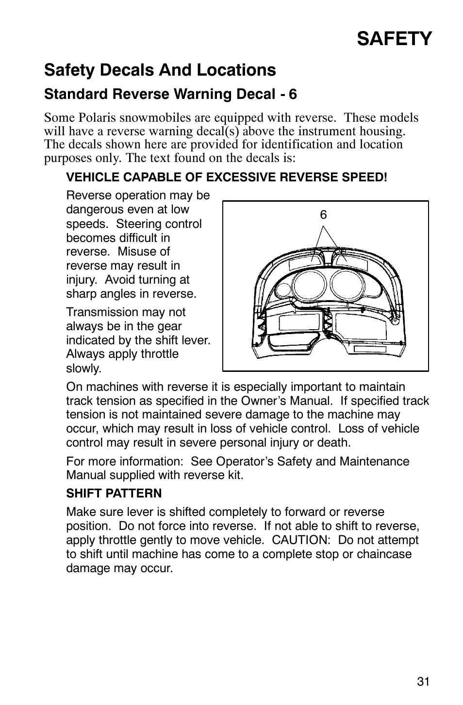 Safety, Safety decals and locations, Standard reverse warning decal - 6 | Polaris 2003 Universal Snowmobiles User Manual | Page 33 / 189