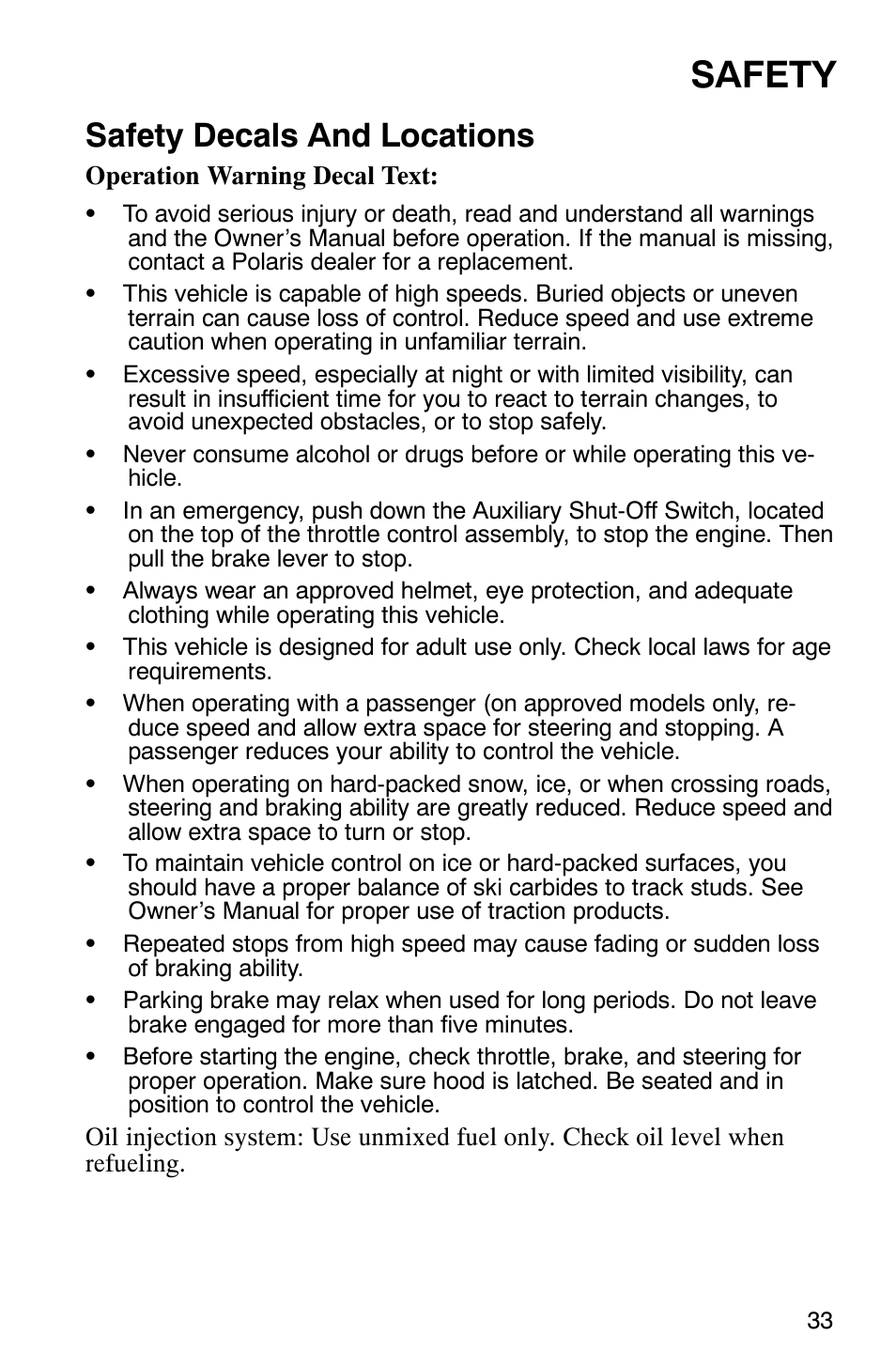 Safety, Safety decals and locations | Polaris 2003 Universal Snowmobiles User Manual | Page 35 / 189
