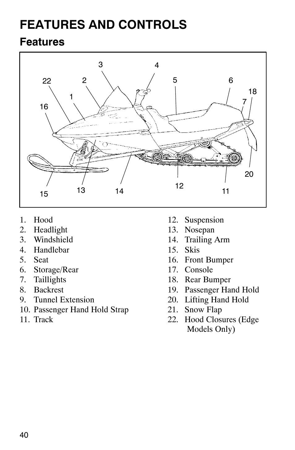 Features and controls, Features | Polaris 2003 Universal Snowmobiles User Manual | Page 42 / 189