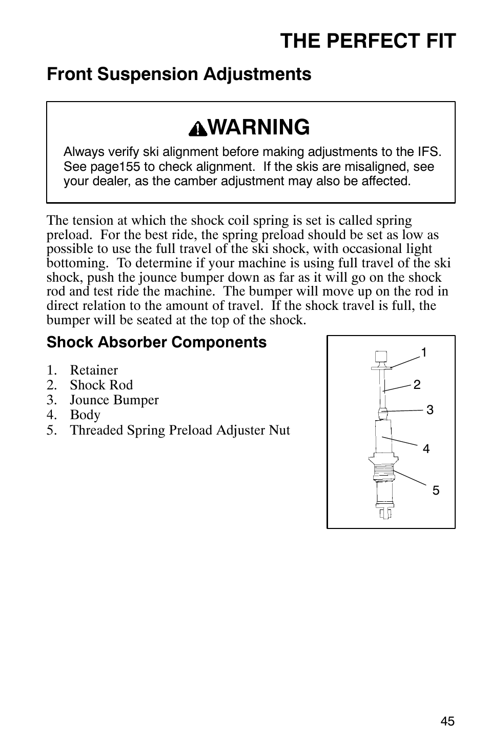 Warning, The perfect fit, Front suspension adjustments | Polaris 2003 Universal Snowmobiles User Manual | Page 47 / 189