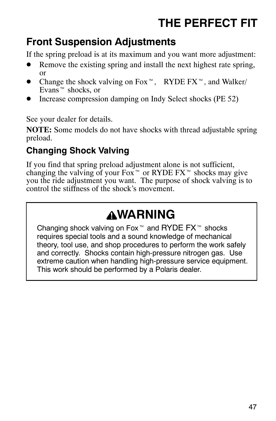 Warning, The perfect fit, Front suspension adjustments | Polaris 2003 Universal Snowmobiles User Manual | Page 49 / 189