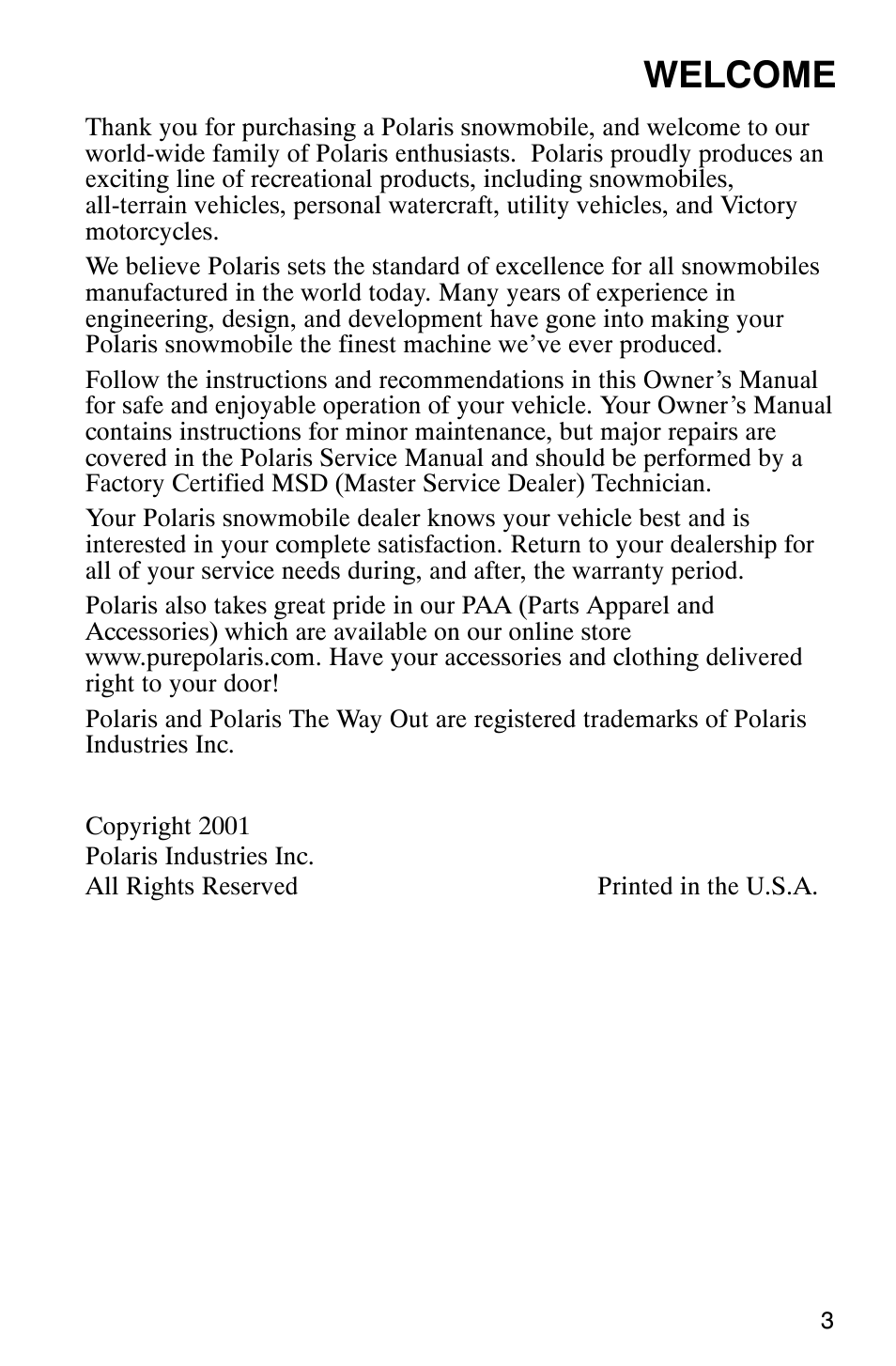 Welcome | Polaris 2003 Universal Snowmobiles User Manual | Page 5 / 189