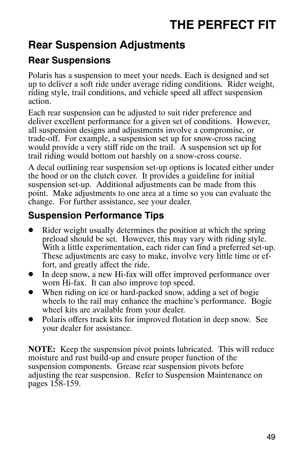 The perfect fit, Rear suspension adjustments | Polaris 2003 Universal Snowmobiles User Manual | Page 51 / 189