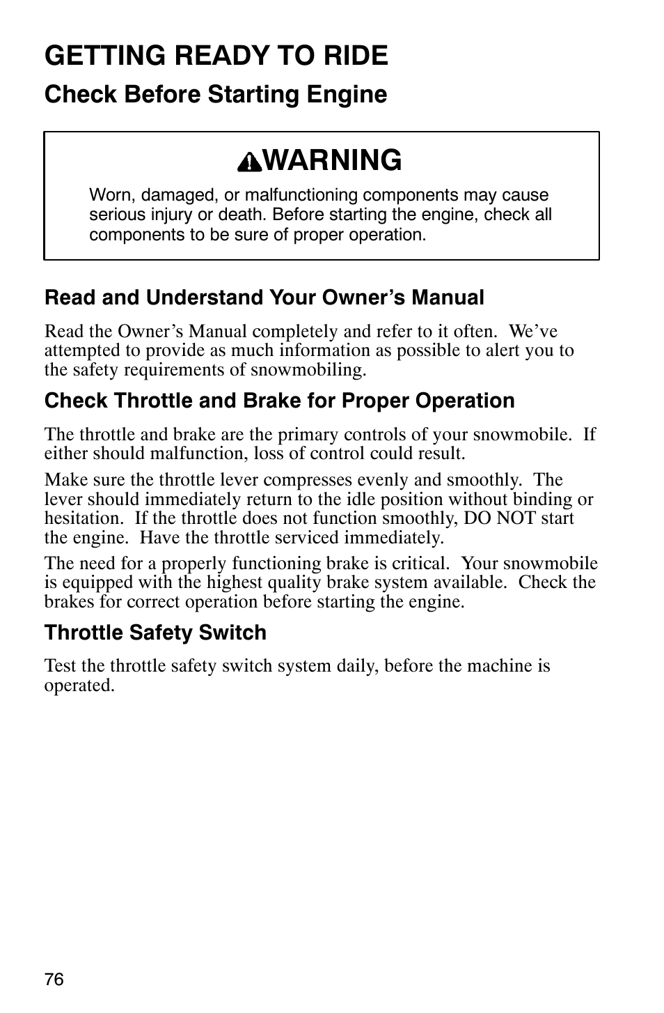 Warning, Getting ready to ride, Check before starting engine | Polaris 2003 Universal Snowmobiles User Manual | Page 78 / 189