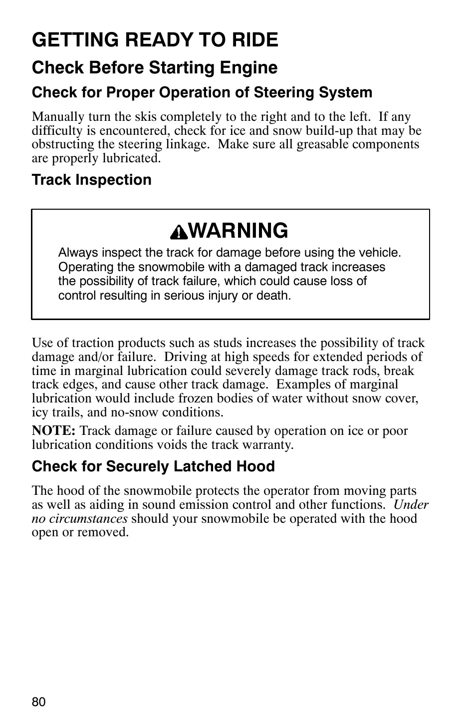 Warning, Getting ready to ride, Check before starting engine | Polaris 2003 Universal Snowmobiles User Manual | Page 82 / 189