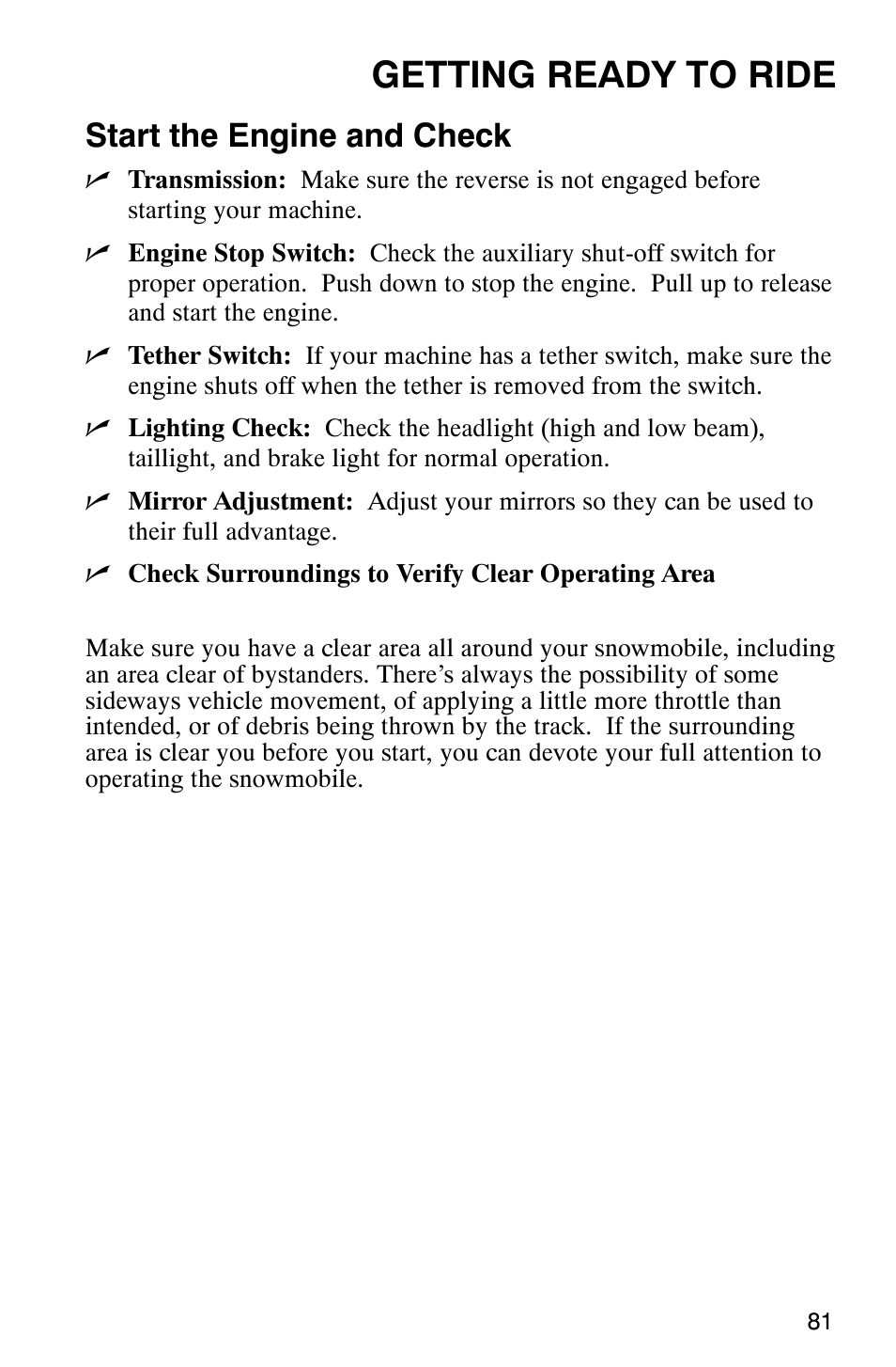 Getting ready to ride, Start the engine and check | Polaris 2003 Universal Snowmobiles User Manual | Page 83 / 189