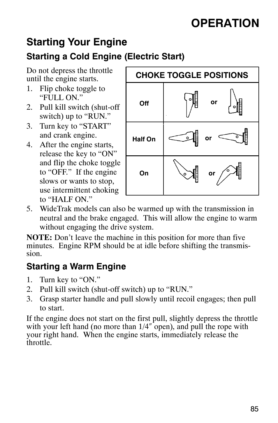 Operation, Starting your engine | Polaris 2003 Universal Snowmobiles User Manual | Page 87 / 189