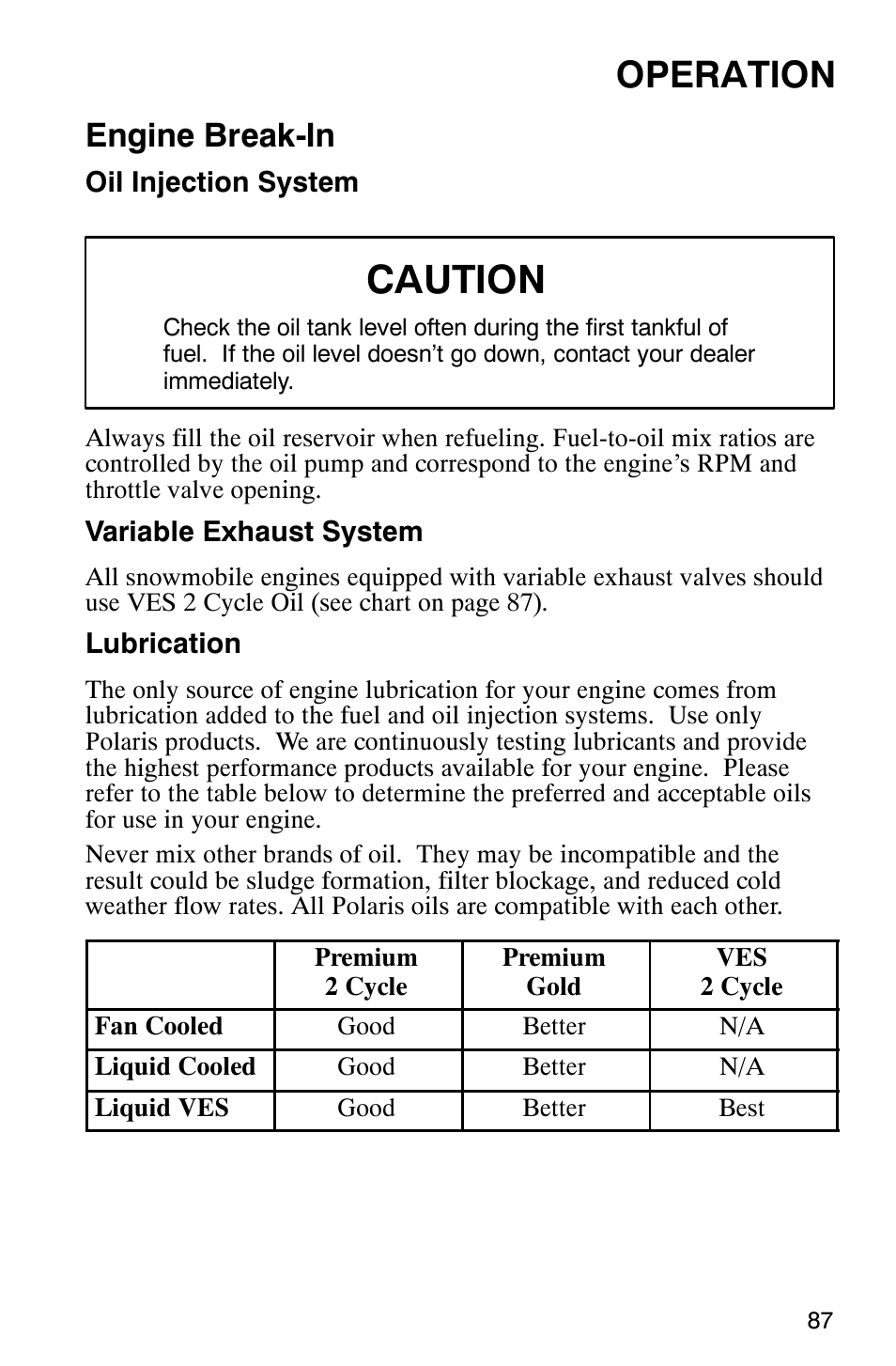 Caution, Operation, Engine break-in | Polaris 2003 Universal Snowmobiles User Manual | Page 89 / 189